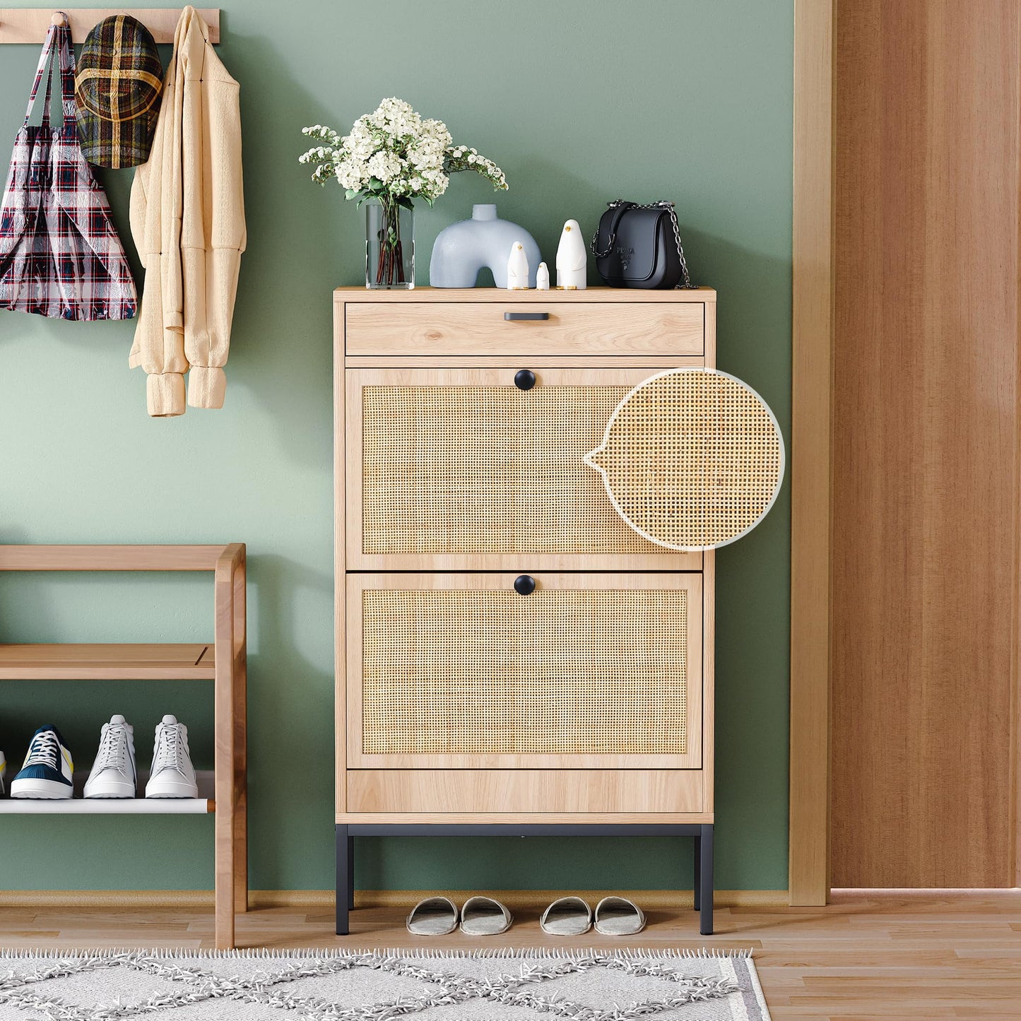 Brafabhome Shoe Rack Storage Organizer with 3 Flip Doors, Entryway Wooden Shoe Cabinet for Sneakers, Leather Shoes, High Heels, Slippers