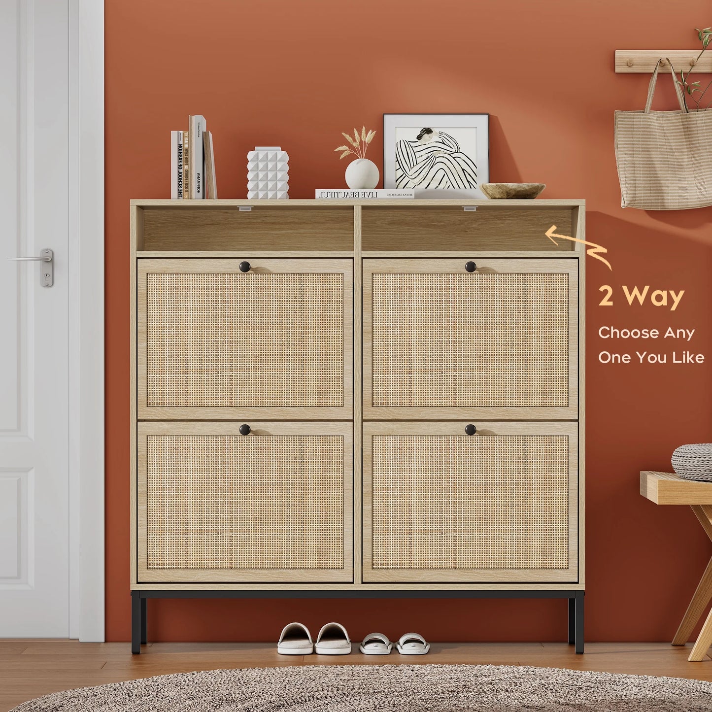 Brafabhome Entryway Wooden Shoe Cabinet with 4 Natural Rattan Doors, 16-Pair Capacity