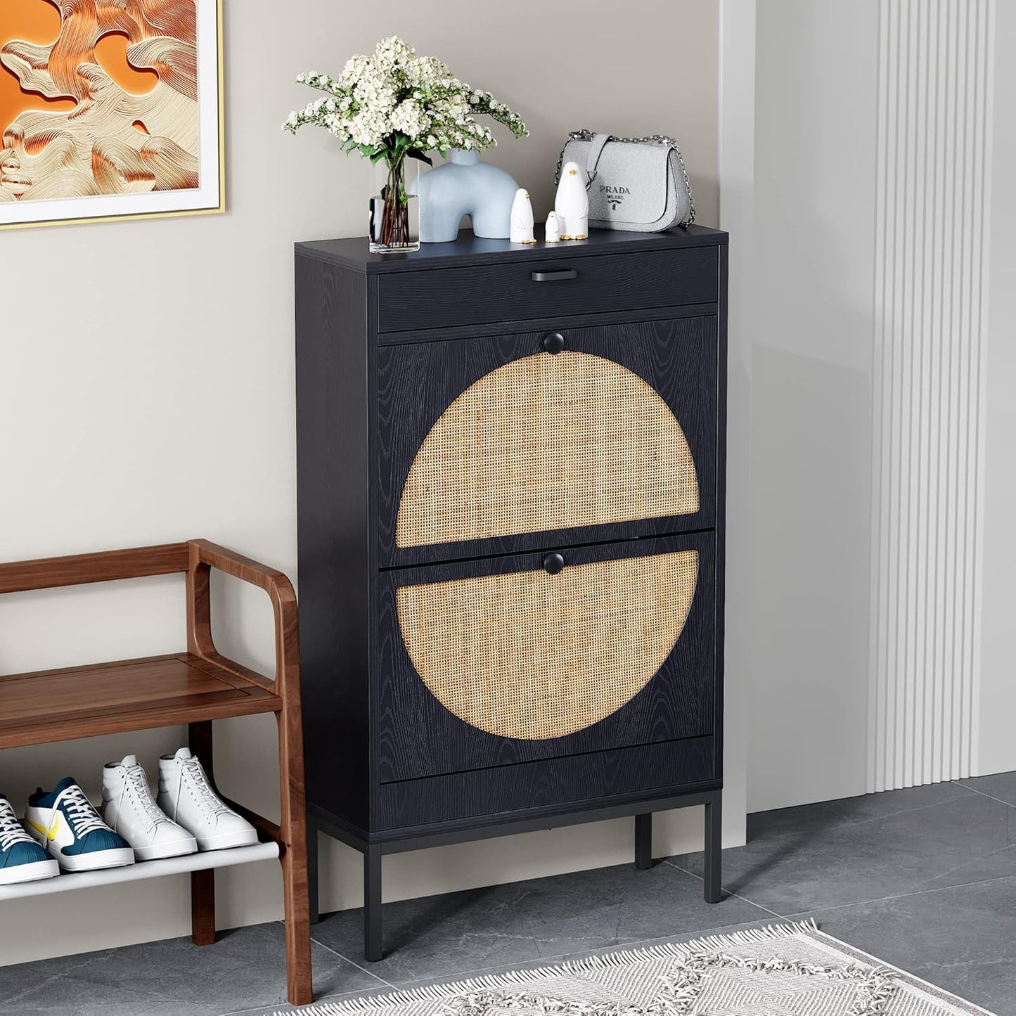 Wooden Entryway Storage Shoe Cabinet with Rattan Doors
