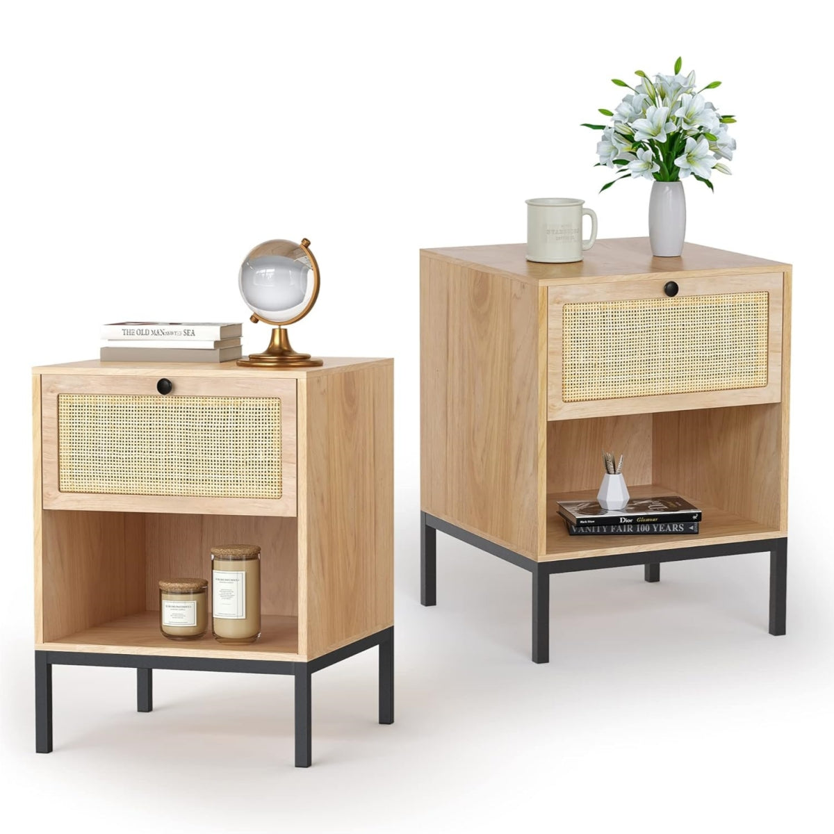 brafabhome Bohemian Rattan Nightstand Set of 2, Wood Bedside Table with Drawers for Bedroom Living Room, Beige