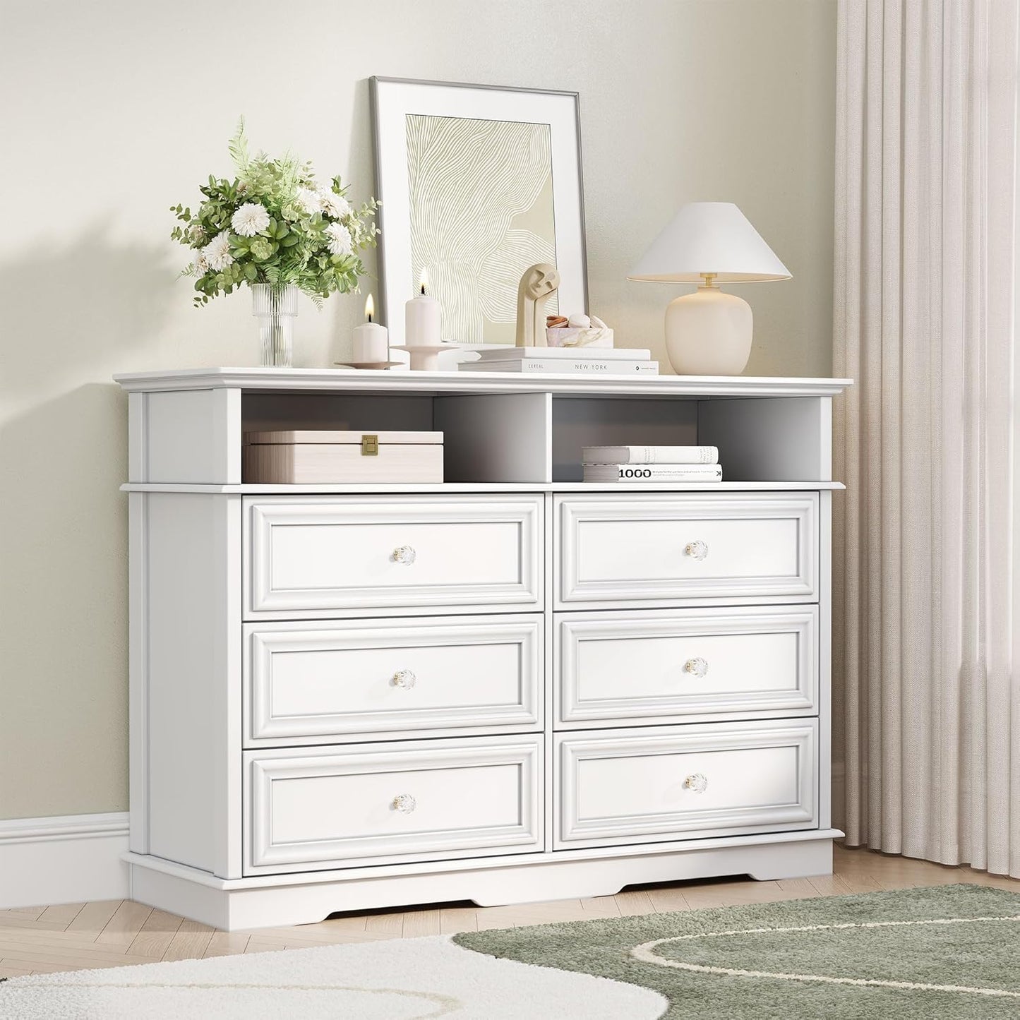 6 Drawer Dresser for Bedroom with Shelves Storage, 47'' Wide Farmhouse Thickened Wood Chest of Drawers, 35'' Tall Mid Century Modern Dressers Organizer for Living Room, Closet, Hallway