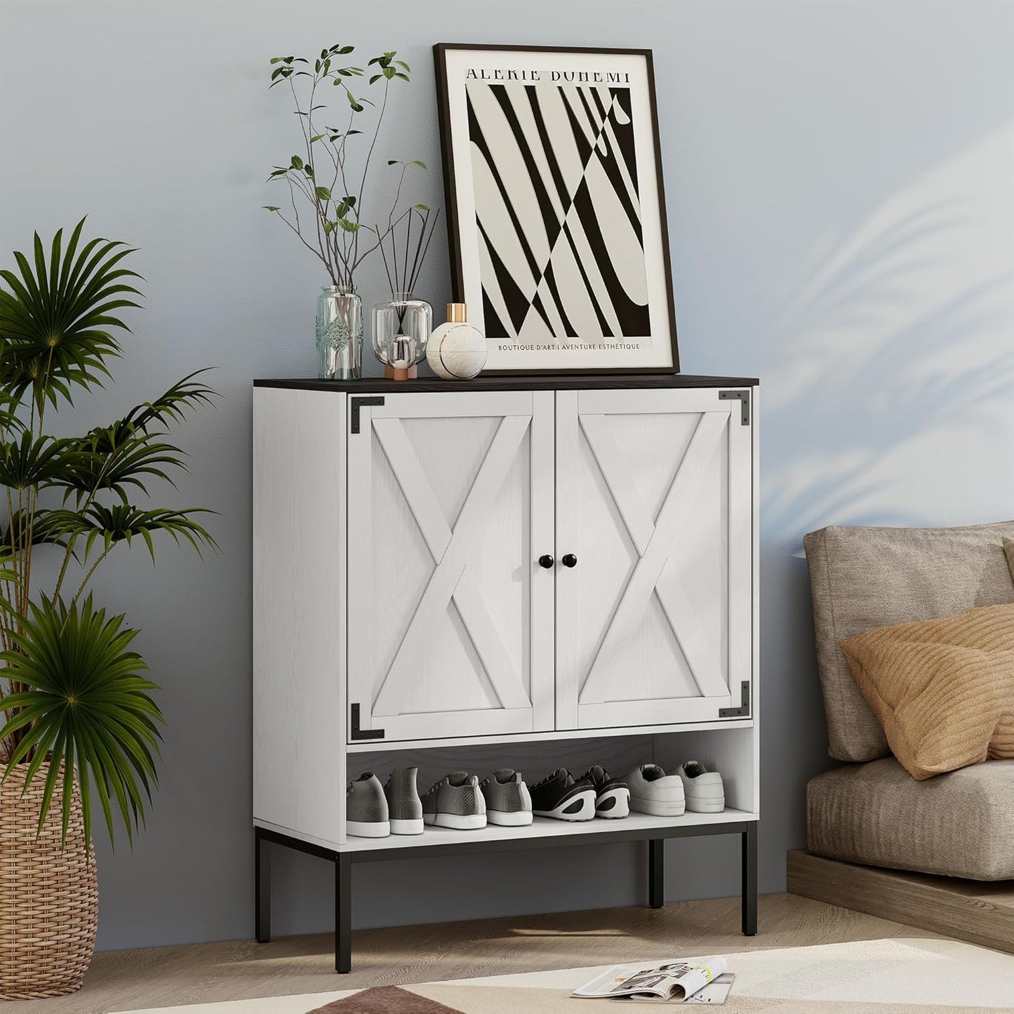 Brafabhome 5-Tier Natural Rattan Entryway Shoe Storage Cabinet with Doors