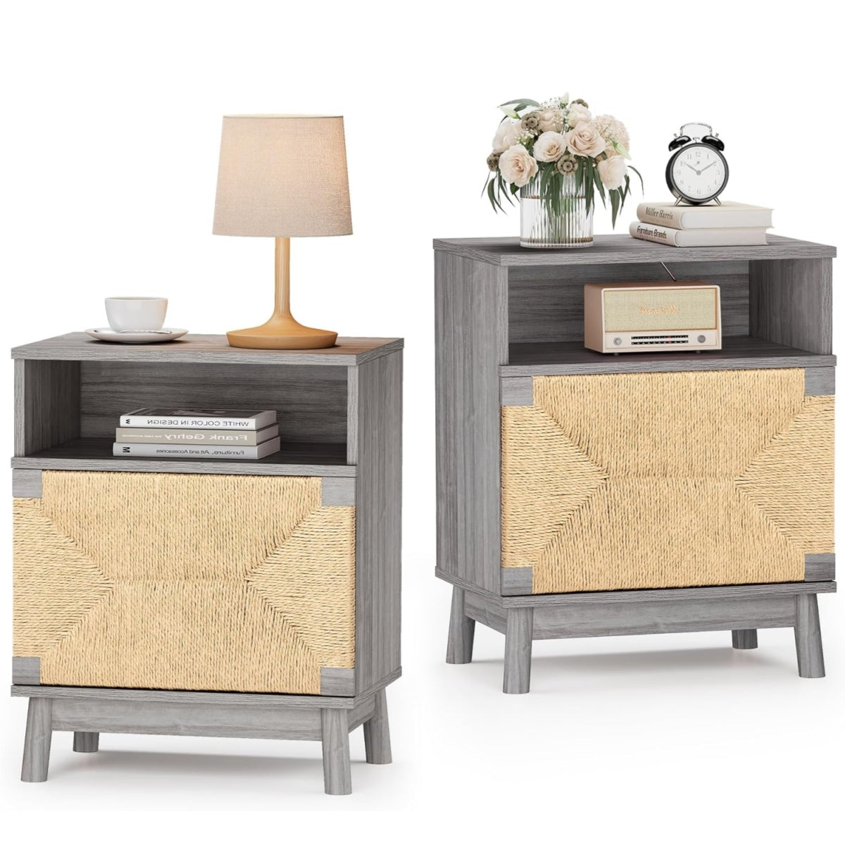 brafabhome Bohemian Rattan Nightstand Set of 2, Wood Bedside Table with Drawers for Bedroom Living Room, Beige