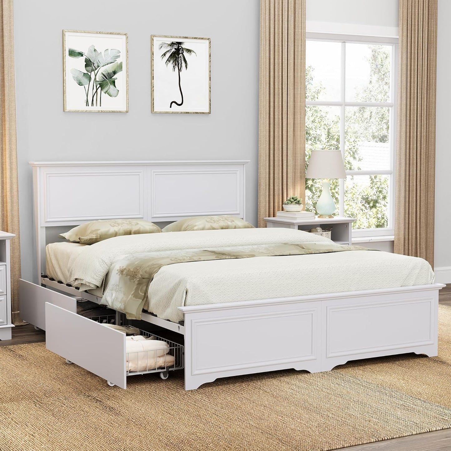 Brafabhome Mid-Century Wood Queen Bed Frame with 4 Storage Drawers, Rustic High Headboard Queen Size Platform Bed Frame for Bedroom Hotel Apartment, No Box Spring Needed