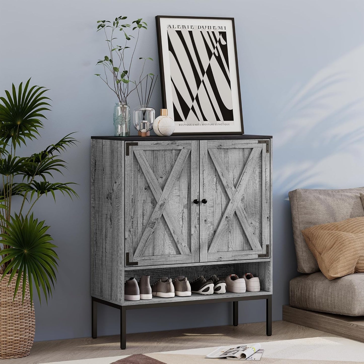 Brafabhome 5-Tier Natural Rattan Entryway Shoe Storage Cabinet with Doors