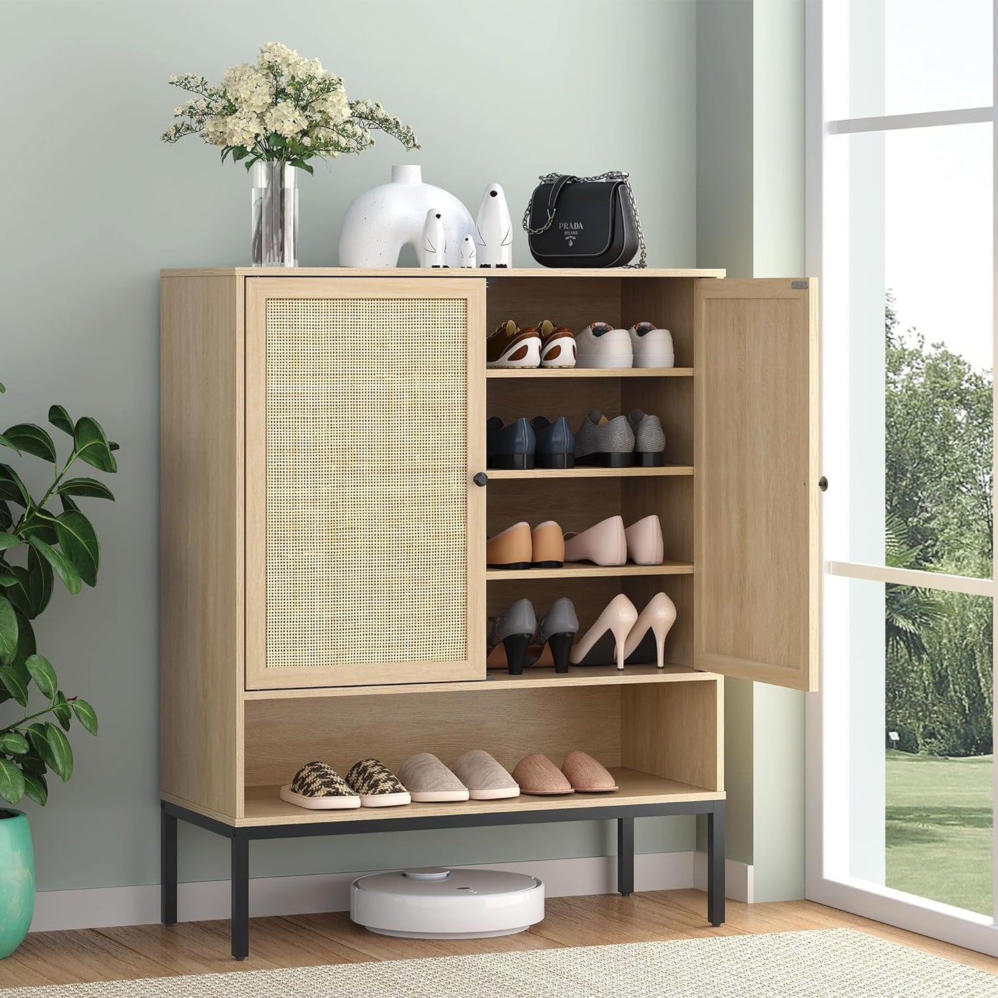 Brafabhome 5-Tier Natural Rattan Entryway Shoe Storage Cabinet with Doors