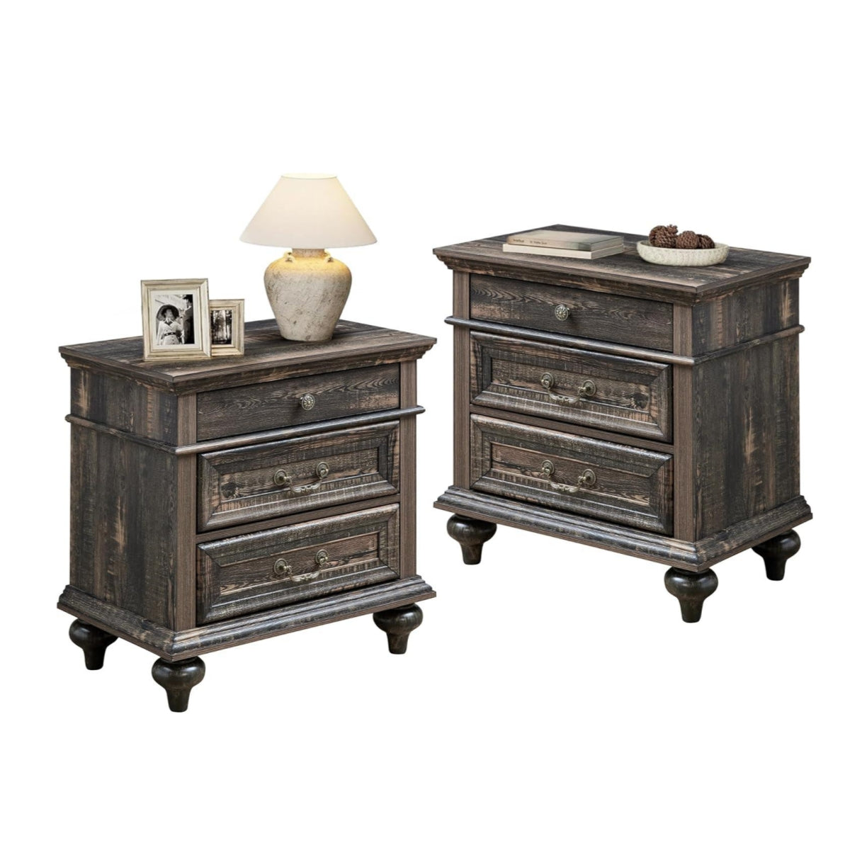 3 Drawers Farmhouse Rustic Thickened Wood Nightstands