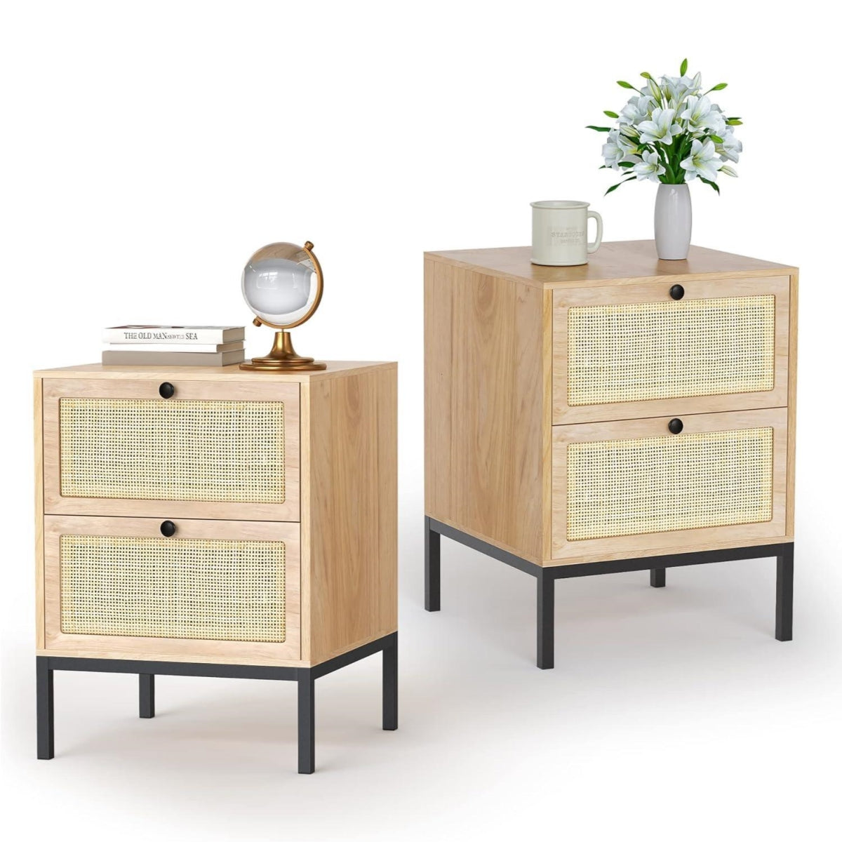 brafabhome Bohemian Rattan Nightstand Set of 2, Wood Bedside Table with Drawers for Bedroom Living Room, Beige