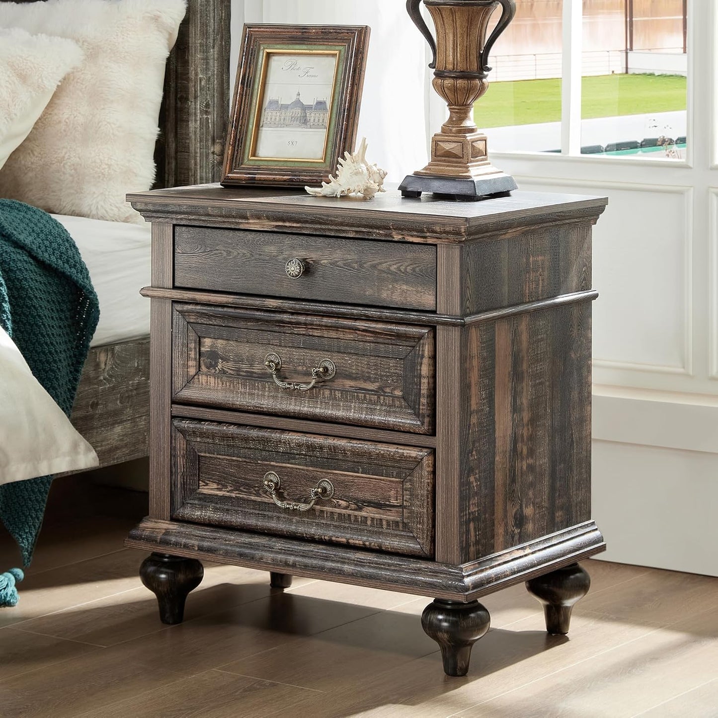 3 Drawers Farmhouse Rustic Thickened Wood Nightstands