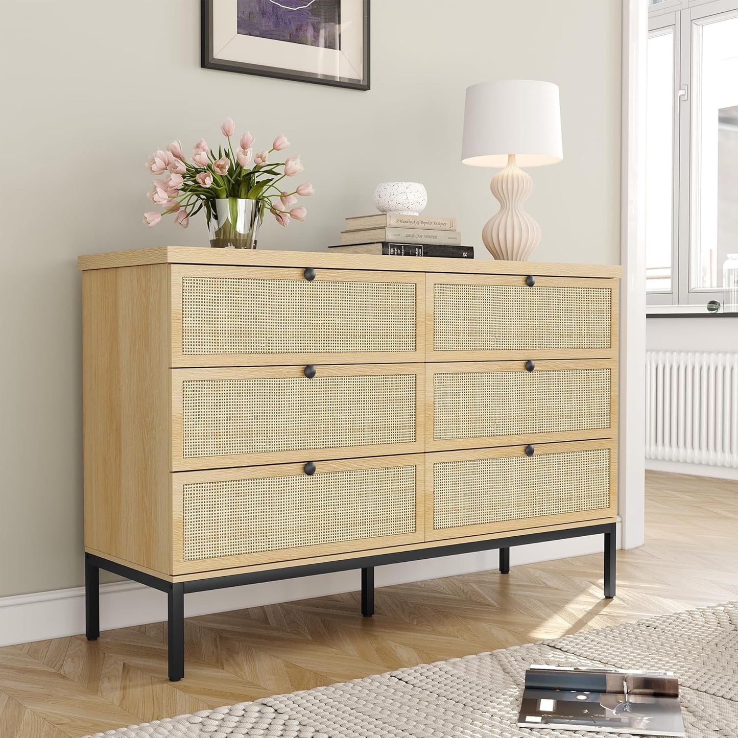 Brafabhome Mid-Century Modern Dresser with Hand-Woven Natural Rattan, Vintage Green Boho 6 Drawer Double Dresser with Wooden Legs