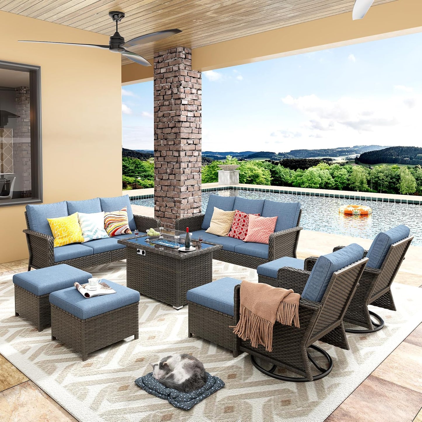 10 Seats Blue Patio Backyard Conversation Sofa Set with Swivel Chair