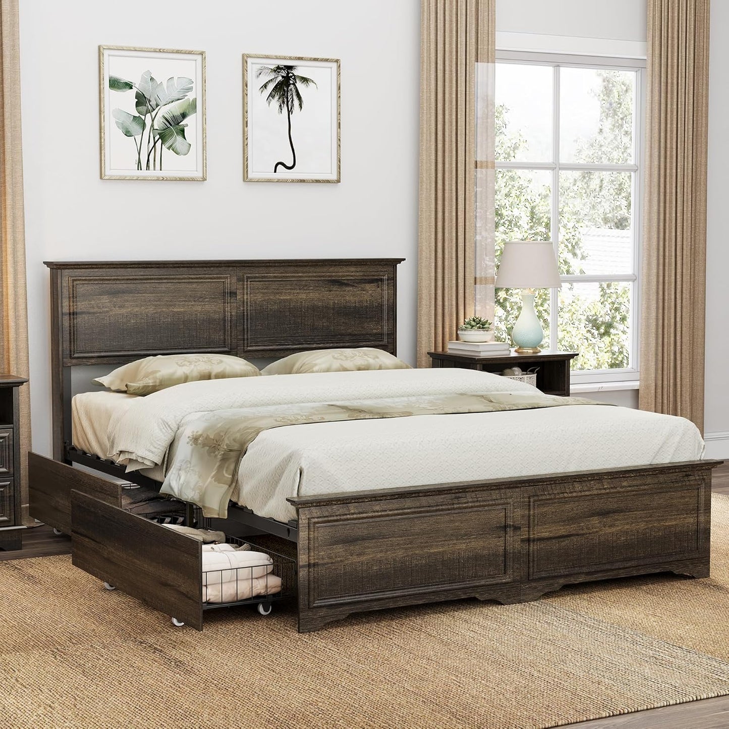 Brafabhome Mid-Century Wood Queen Bed Frame with 4 Storage Drawers, Rustic High Headboard Queen Size Platform Bed Frame for Bedroom Hotel Apartment, No Box Spring Needed
