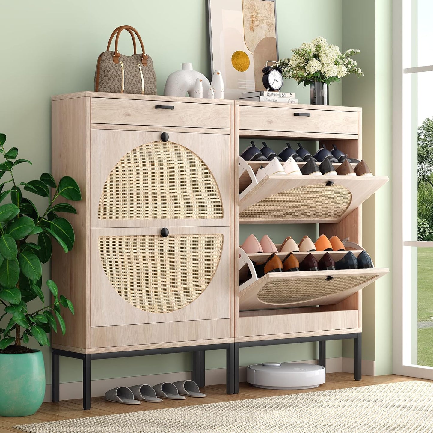 Wooden Entryway Storage Shoe Cabinet with Rattan Doors