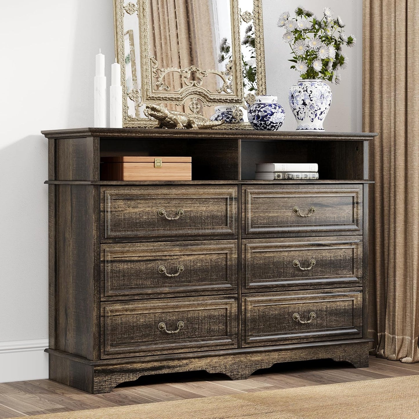 6 Drawer Dresser for Bedroom with Shelves Storage, 47'' Wide Farmhouse Thickened Wood Chest of Drawers, 35'' Tall Mid Century Modern Dressers Organizer for Living Room, Closet, Hallway
