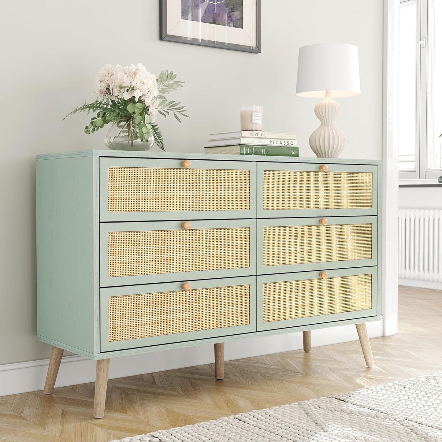 Brafabhome Mid-Century Modern Dresser with Hand-Woven Natural Rattan, Vintage Green Boho 6 Drawer Double Dresser with Wooden Legs