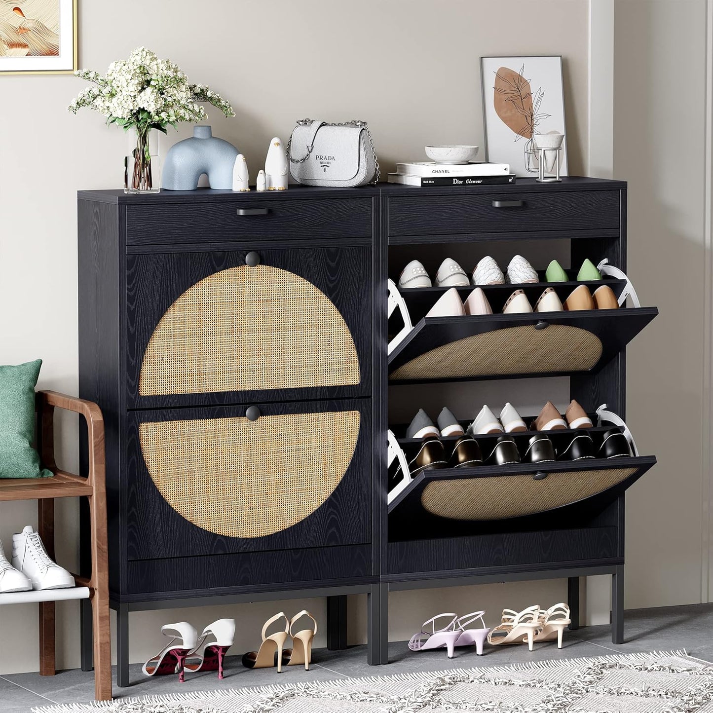 Wooden Entryway Storage Shoe Cabinet with Rattan Doors