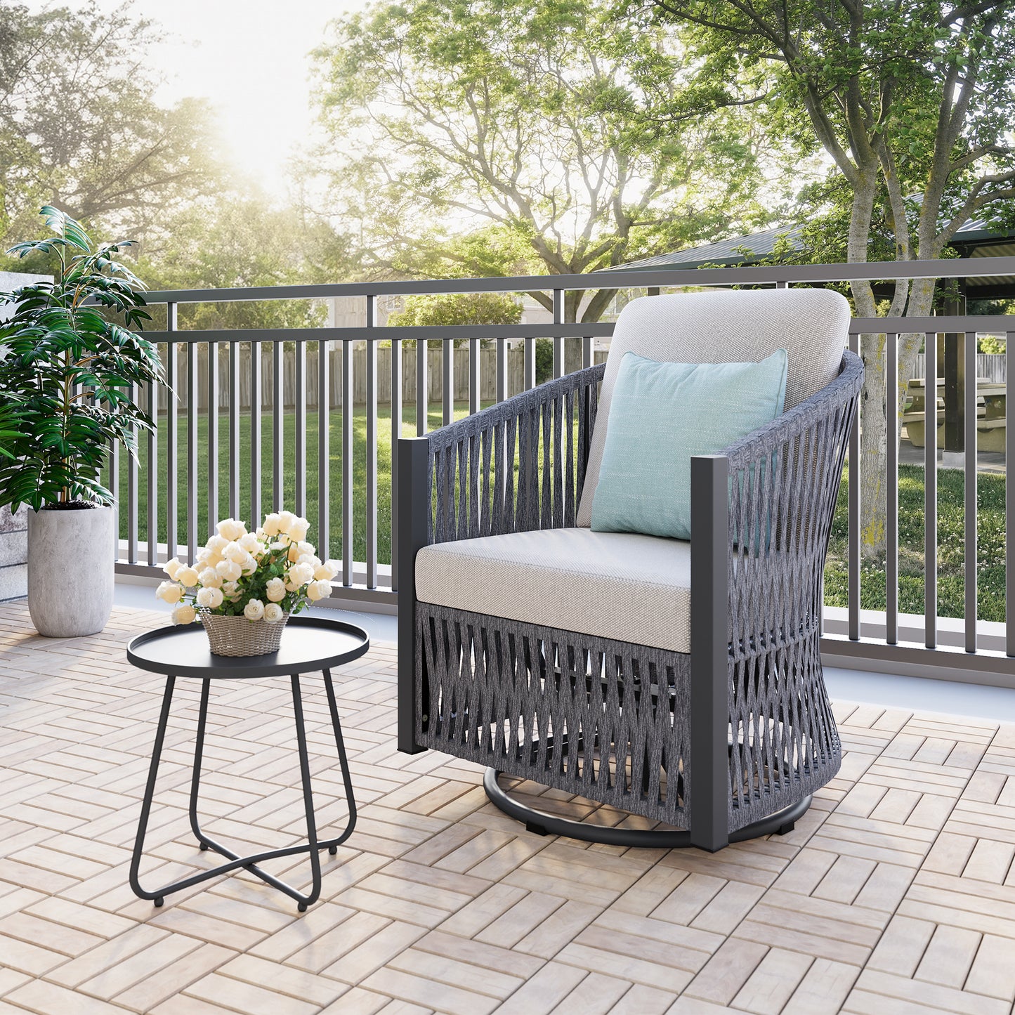 Brafabhome 2 Pieces Patio Furniture Set, Outdoor Swivel Gliders Rocker with Metal Side Table, Wicker Patio Bistro Set for Balcony Porch Deck Backyard | Gray