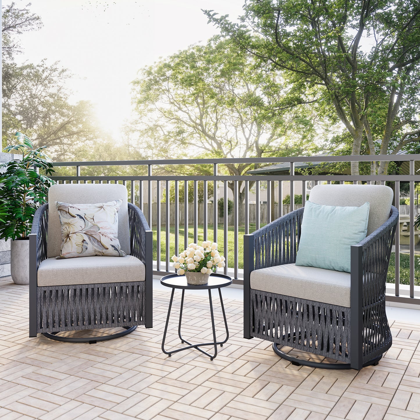 Brafabhome 2 Pieces Patio Furniture Set, Outdoor Swivel Gliders Rocker with Metal Side Table, Wicker Patio Bistro Set for Balcony Porch Deck Backyard | Gray