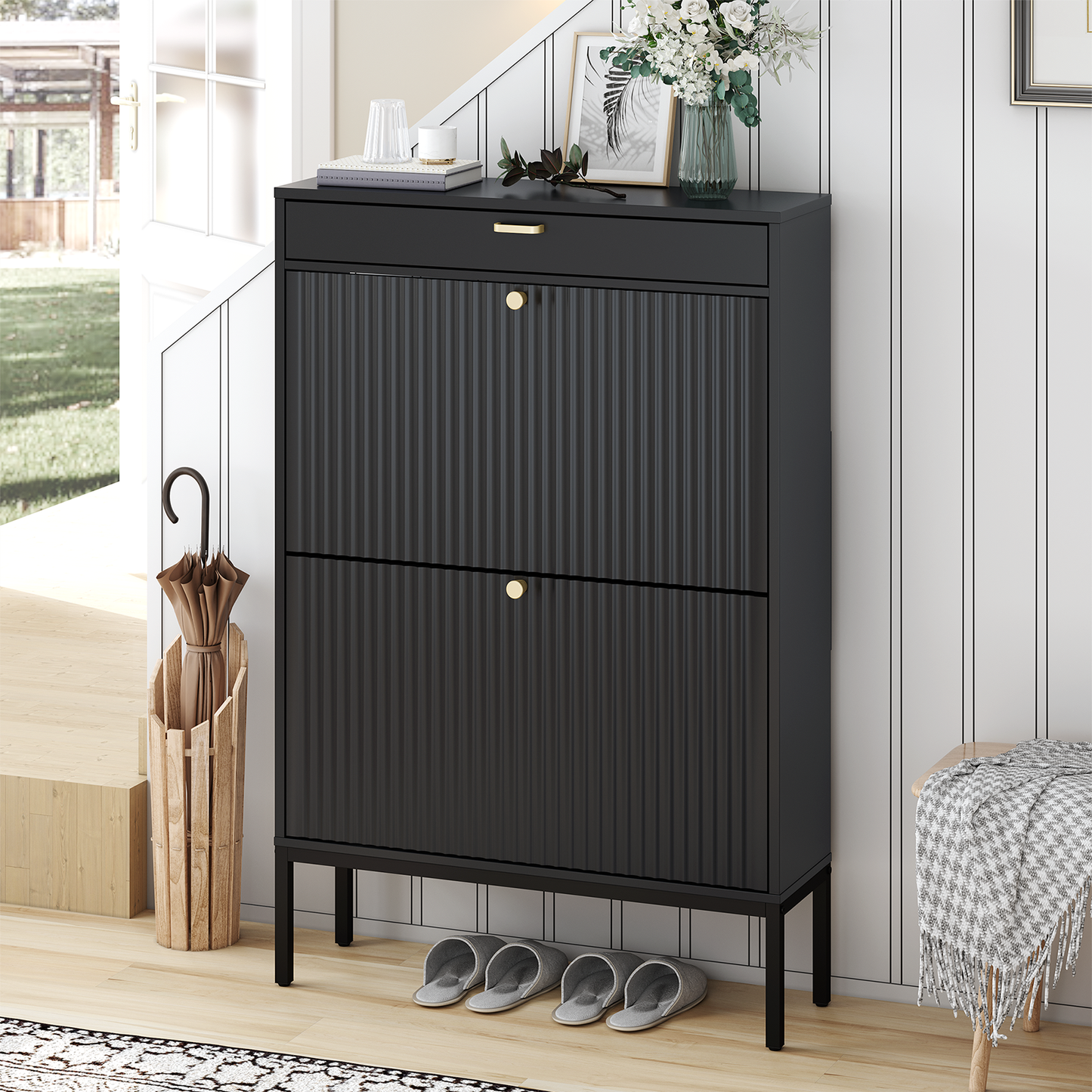 Brafabhome Shoe Storage Cabinet Slim Entryway Shoe Organizer with Half linear Circle Doors