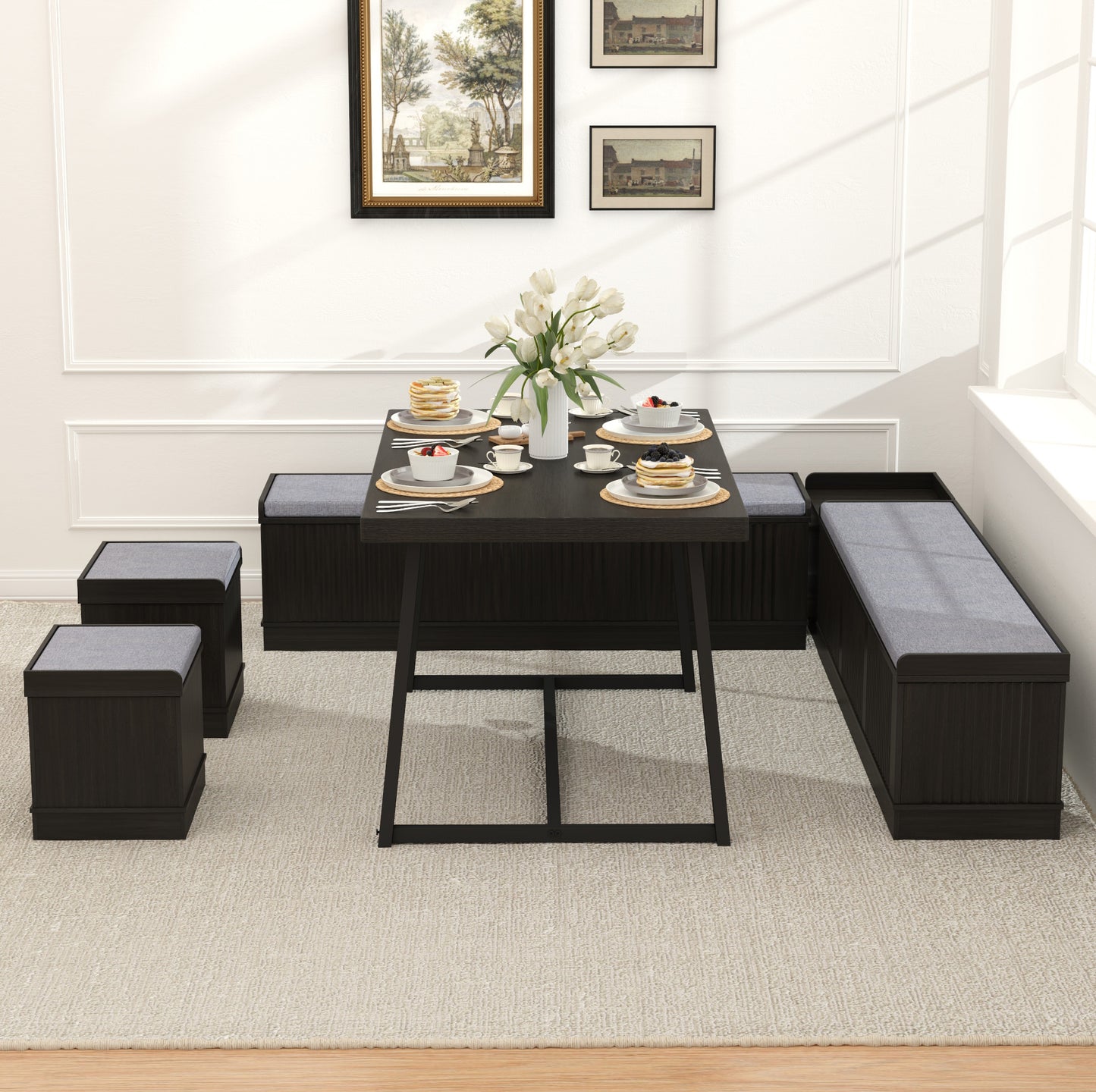 Brafabhome 6 PCS Dining Table Set with Storage Bench, Modern Corner Breakfast Nook with Cushions Stool for 6, Suitable for Kitchen and Dining Room