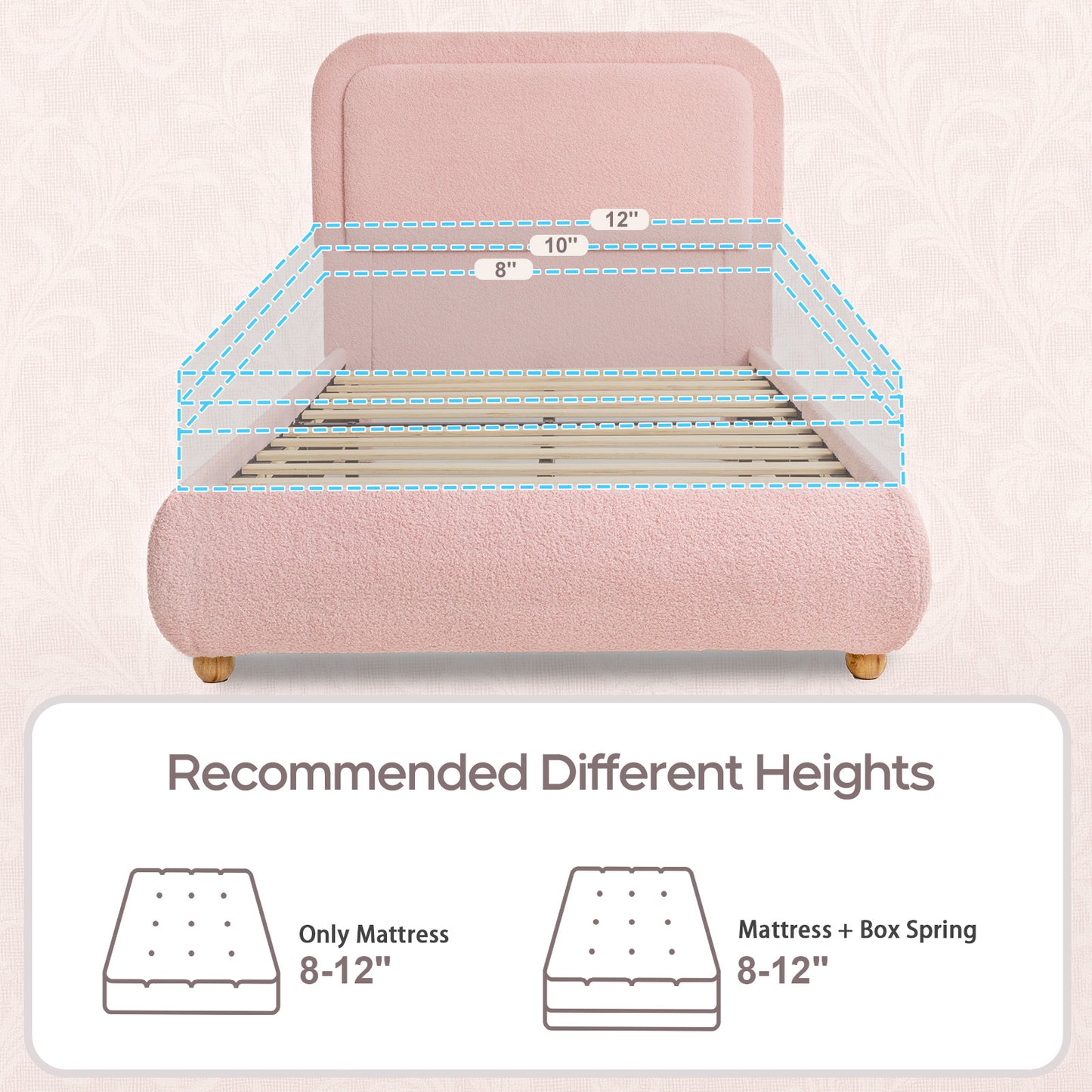 Brafabhome Twin Size Bed Frame with Round Corner Headboard, Soft Boucle Cloud Upholstered Fluffy Platform Bed with Bump-Proof Edge Footboard for Kids, No Box Spring Needed | Pink
