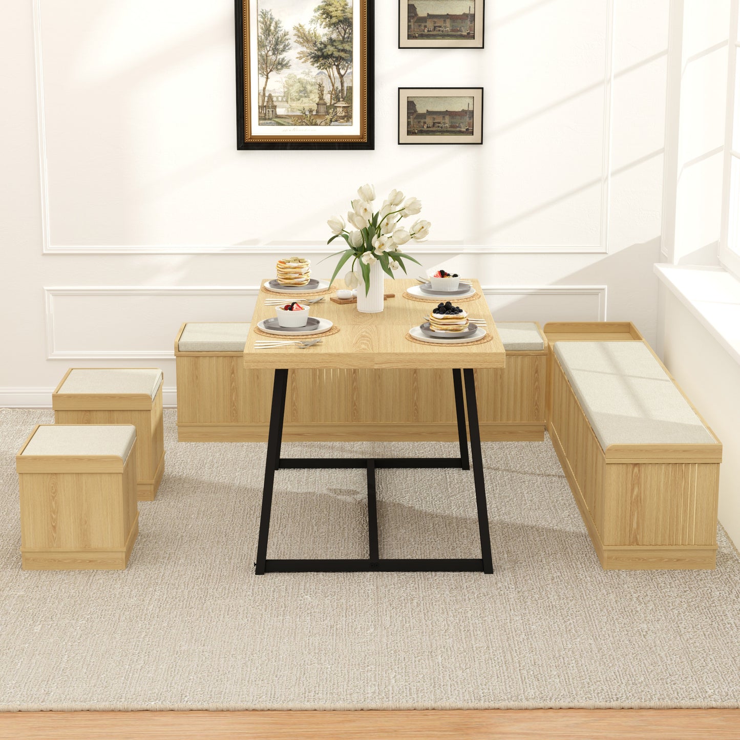 Brafabhome 6 PCS Dining Table Set with Storage Bench, Modern Corner Breakfast Nook with Cushions Stool for 6, Suitable for Kitchen and Dining Room