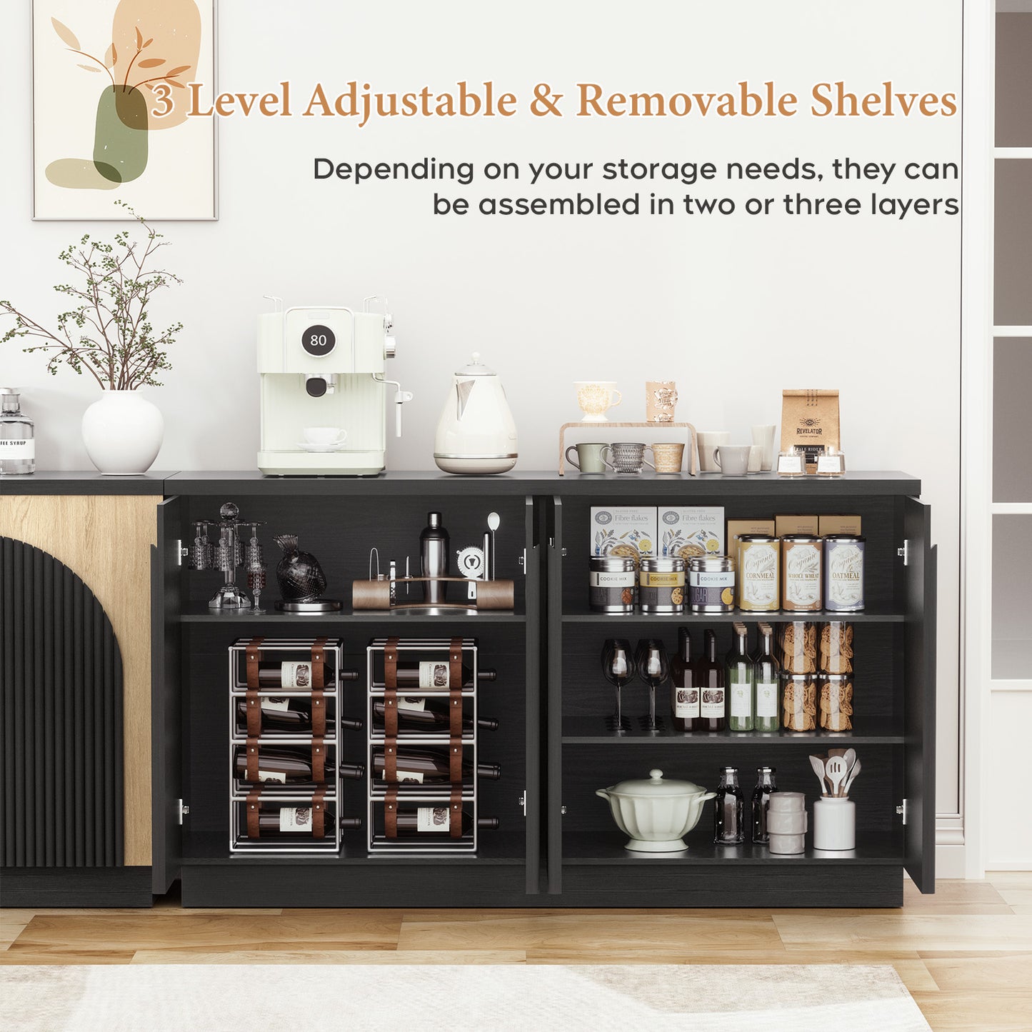 Brafabhome Accent Sideboards Buffet Cabinet with Arched Reeded Design Door, Modern Credenza Storage Cabinet with Adjustable & Removable Shelves for Living Room Bedroom Dinning Room