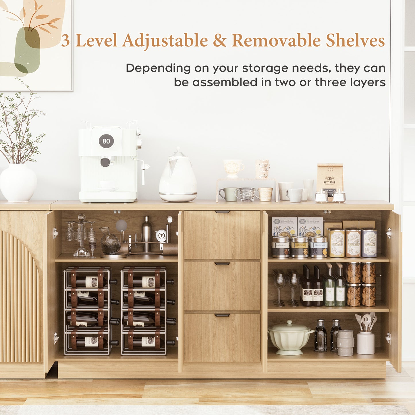 Brafabhome 67" Fluted Sideboard Buffet Cabinet with 3 Drawers, Modern Credenza Storage Cabinet with Arched Reeded Design Doors & Adjustable Shelves
