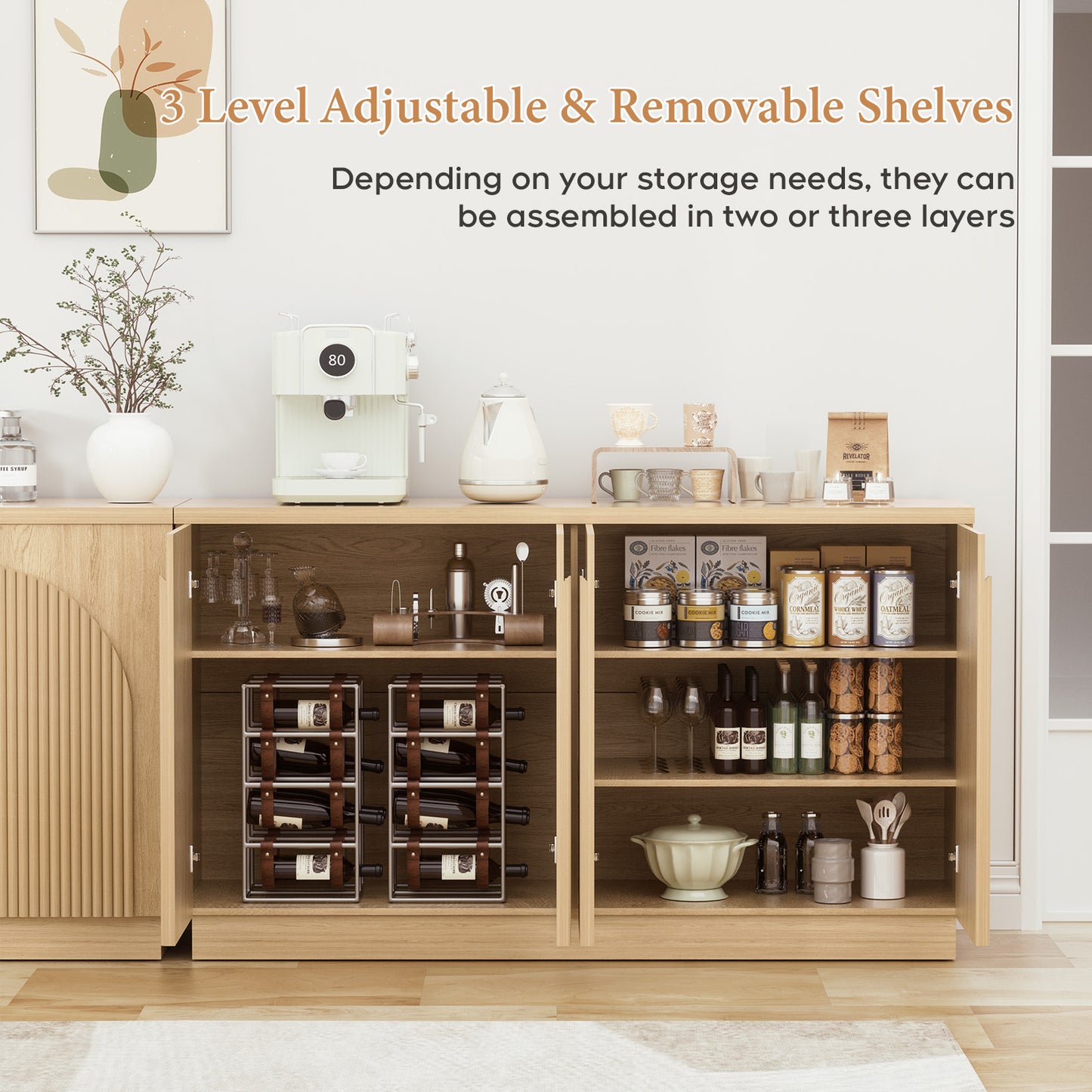 Brafabhome Accent Sideboards Buffet Cabinet with Arched Reeded Design Door, Modern Credenza Storage Cabinet with Adjustable & Removable Shelves for Living Room Bedroom Dinning Room