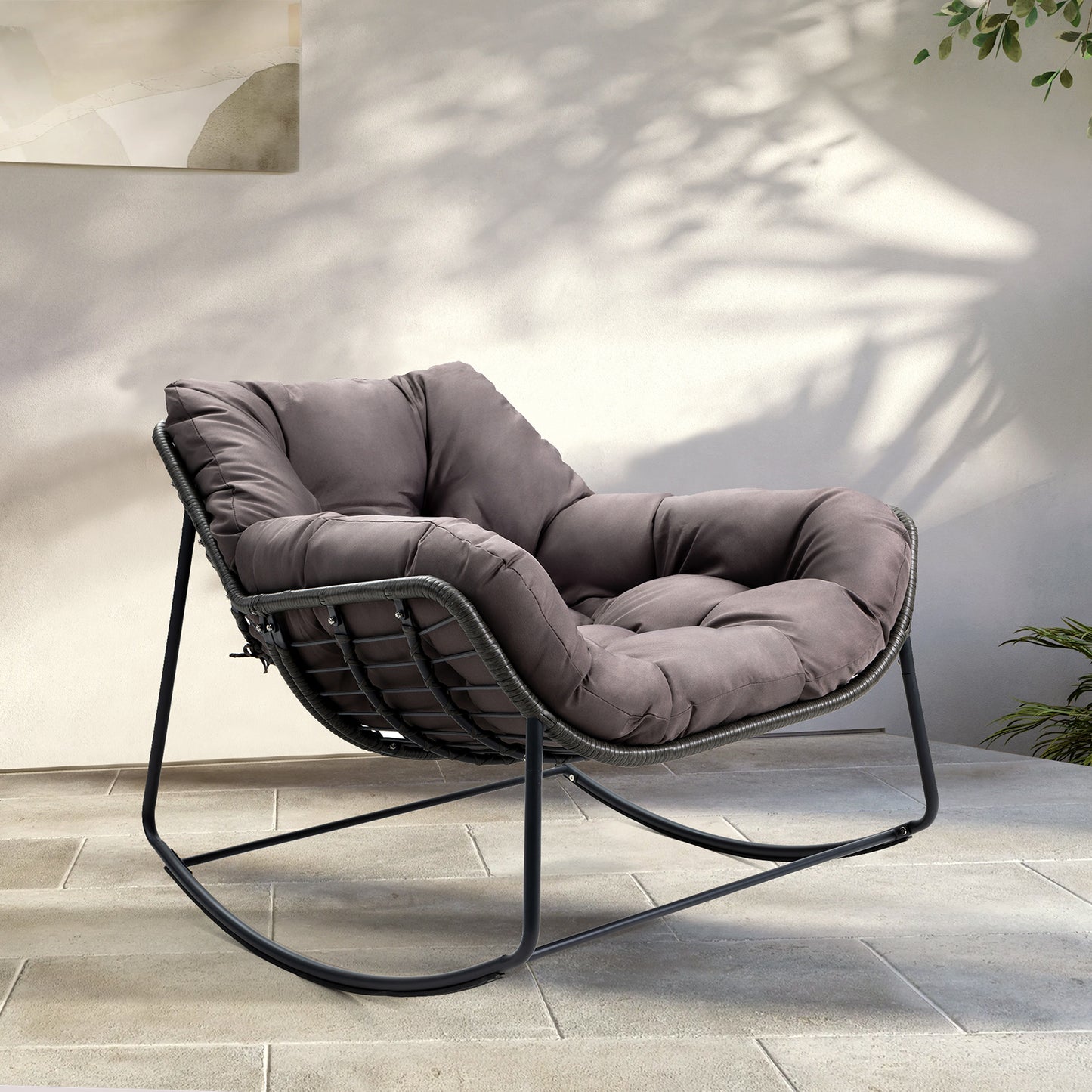 Brafabhome Oversized Patio Rocking Egg Chair with Cushion, 350lbs Heavy Duty Outdoor Rocking Chair, Comfy Recliner for Balcony, Porch, Backyard or Indoor Seating | Grey