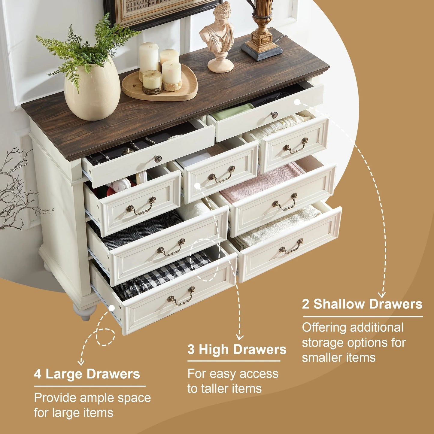 6 Drawer Dresser for Bedroom with Shelves Storage, 47'' Wide Farmhouse Thickened Wood Chest of Drawers, 35'' Tall Mid Century Modern Dressers Organizer for Living Room, Closet, Hallway