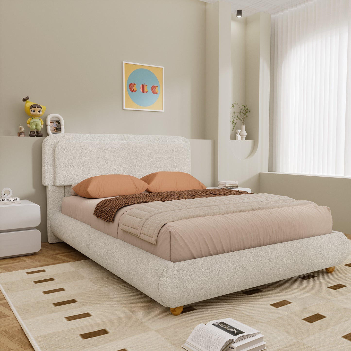 Brafabhome Twin Size Bed Frame with Round Corner Headboard, Soft Boucle Cloud Upholstered Fluffy Platform Bed with Bump-Proof Edge Footboard for Kids, No Box Spring Needed | Pink