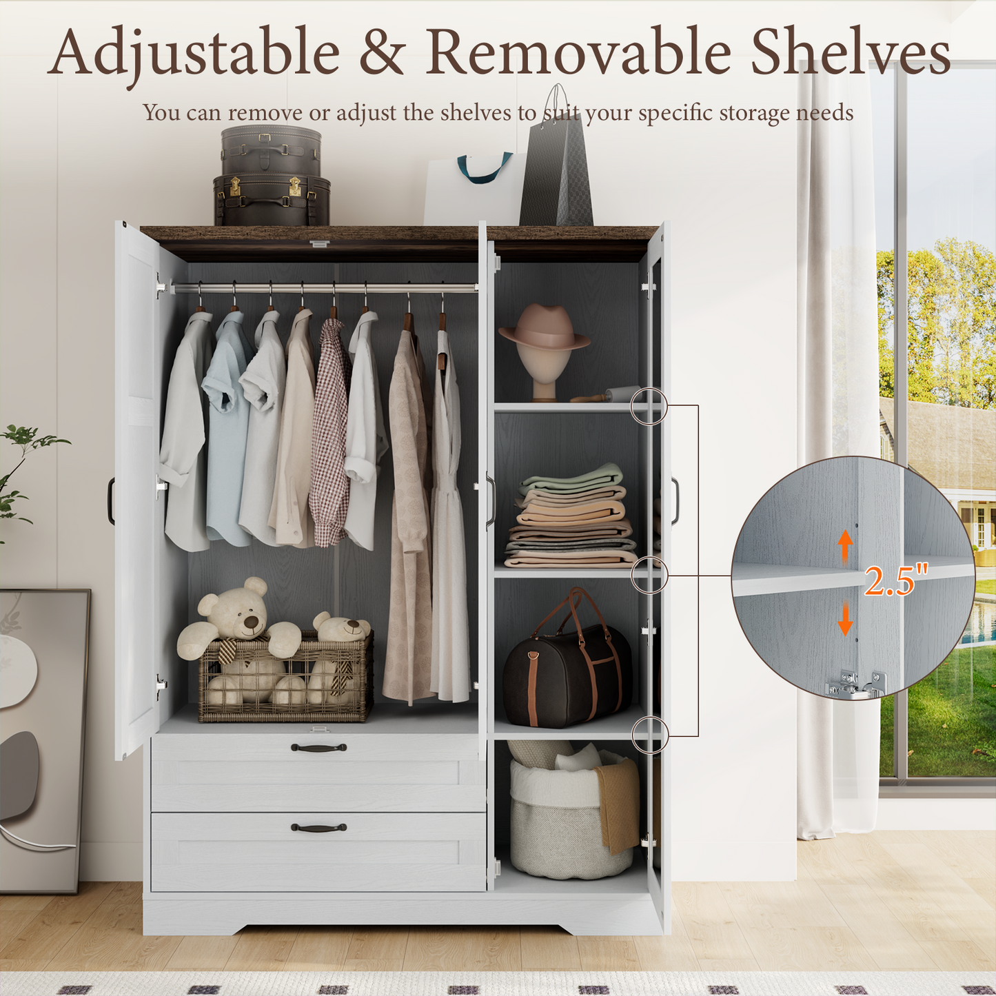 Brafabhome 62"H Wooden Armoire Wardrobe Closet with 2 Drawers, 3 Doors Modern Wardrobe Cabinet with Mirror and Adjustable Shelf for Clothes Coats