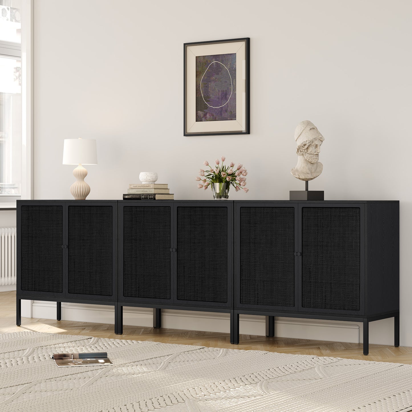 Brafabhome Sideboard Storage Cabinet with Handmade Natural Rattan Doors, Buffet Cabinet with Storage Shelf for Living Room, Dining Room, Entryway, Kitchen
