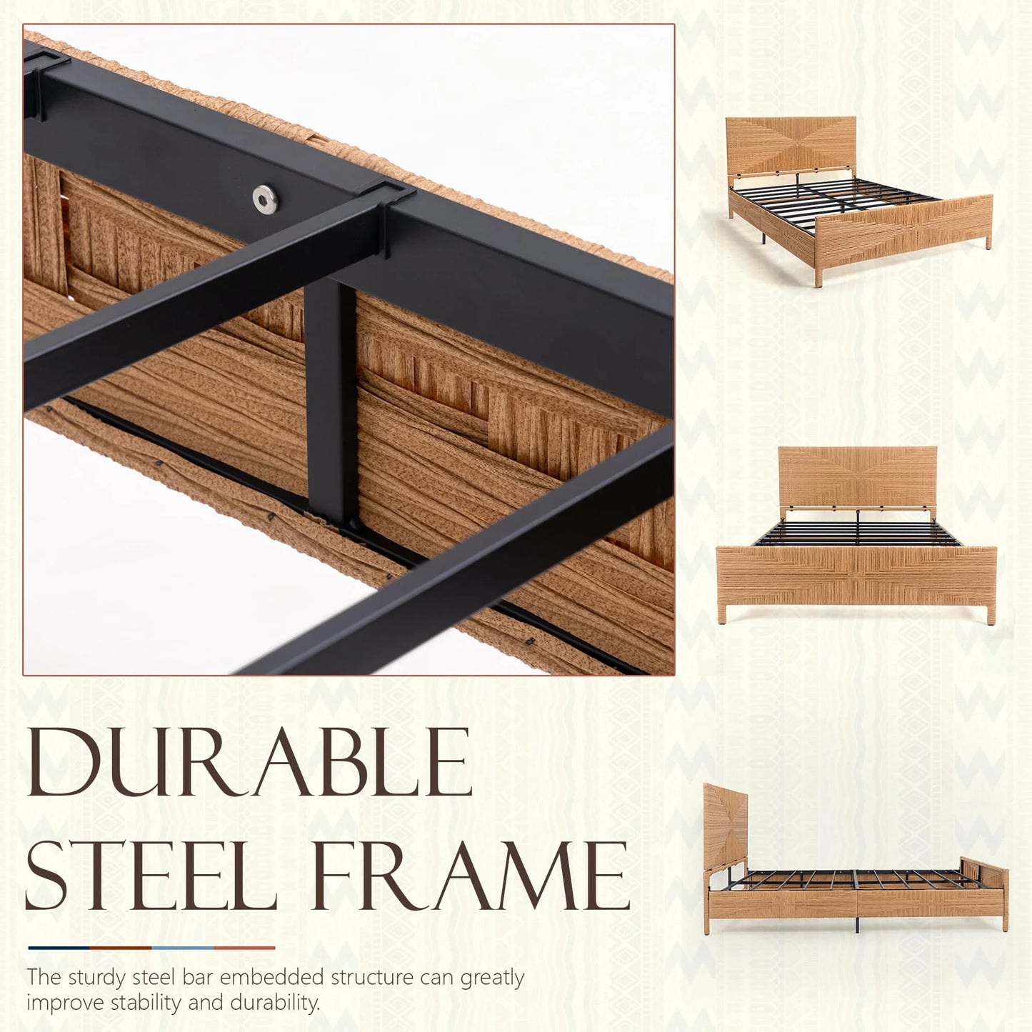 Brafabhome Rattan Queen Bed Frame with Headboard and Footboard