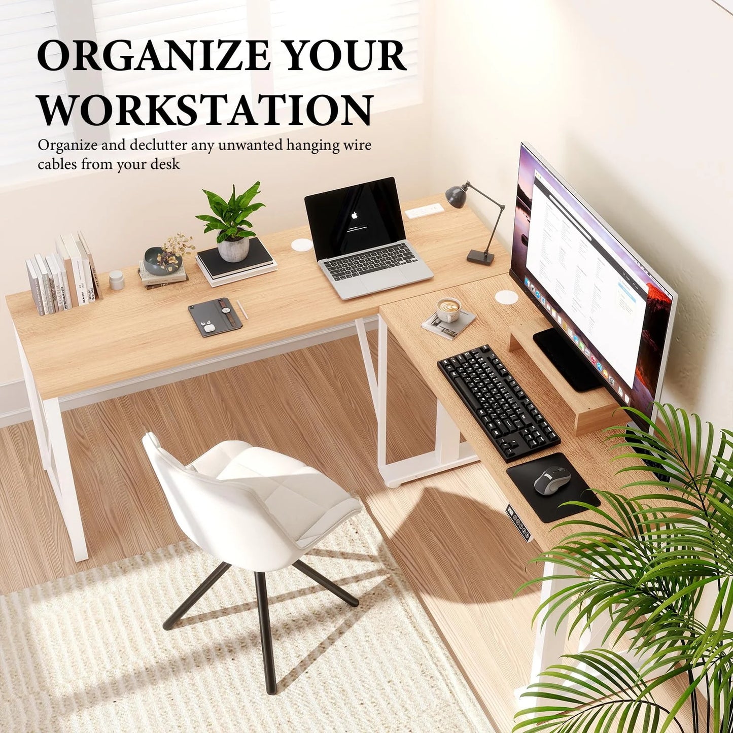 Brafabhome L Shaped Adjustable Standing Desk with Power Outlets, 61 Inch Electric Computer Desk for Work Office Home