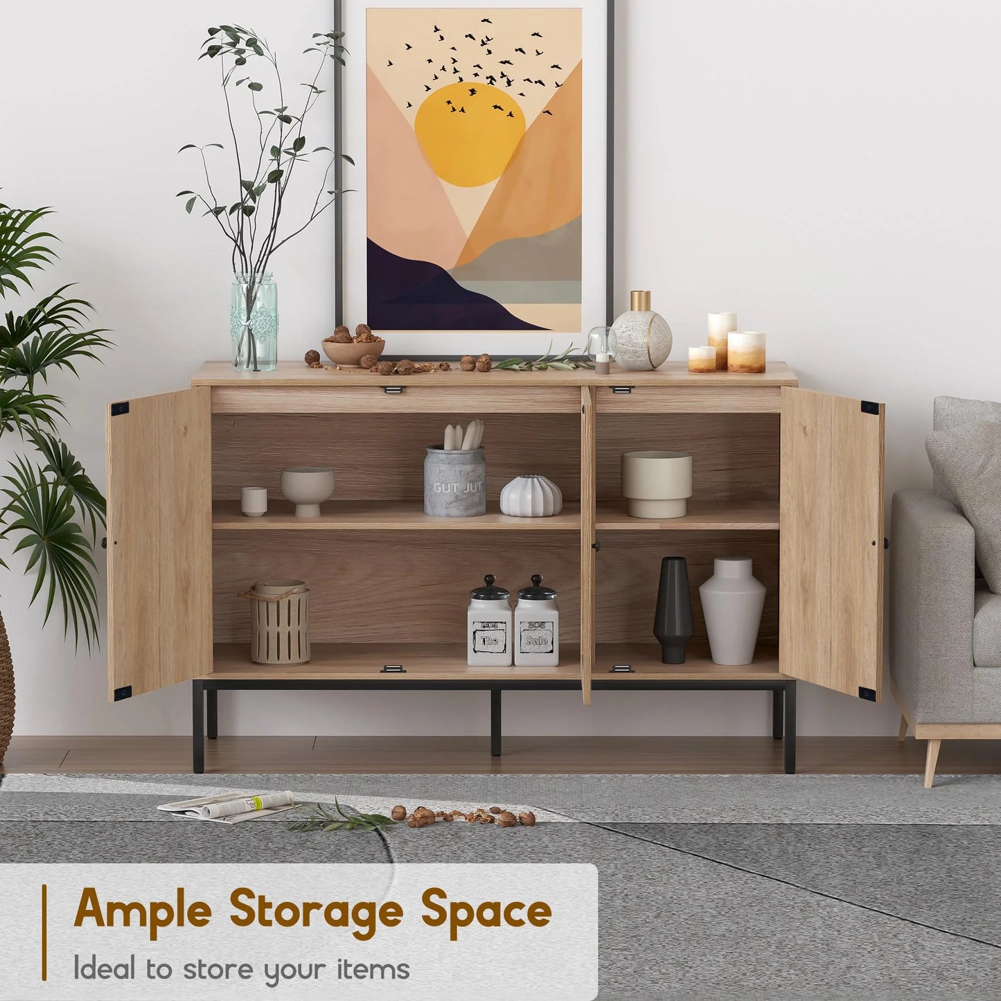 Brafabhome Sideboard Storage Cabinet with Handmade Natural Rattan Doors, Buffet Cabinet with Storage, for Living Room, Dining Room, Entryway, Kitchen
