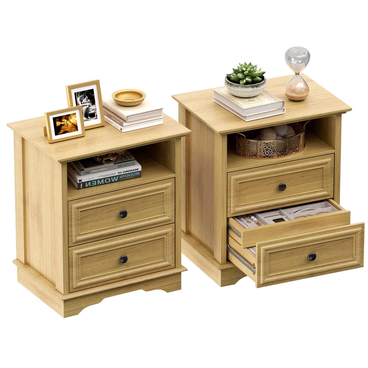 Brafabhome Farmhouse Mid Century Modern Nightstand, 2-Drawer 25" Tall Wood