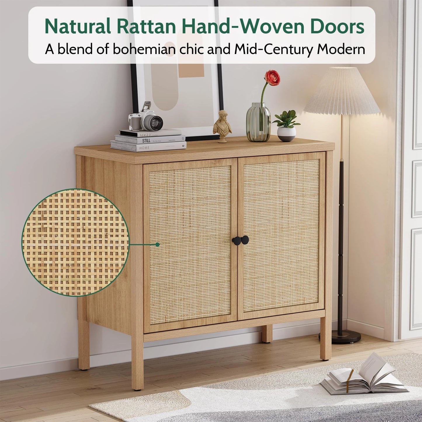 Brafabhome Rattan Cabinet with Adjustable Shelves, Sideboard Buffet Cabinet with Storage, Accent Console Cabinet Credenza for Living Room Dining Room Entryway, Natural