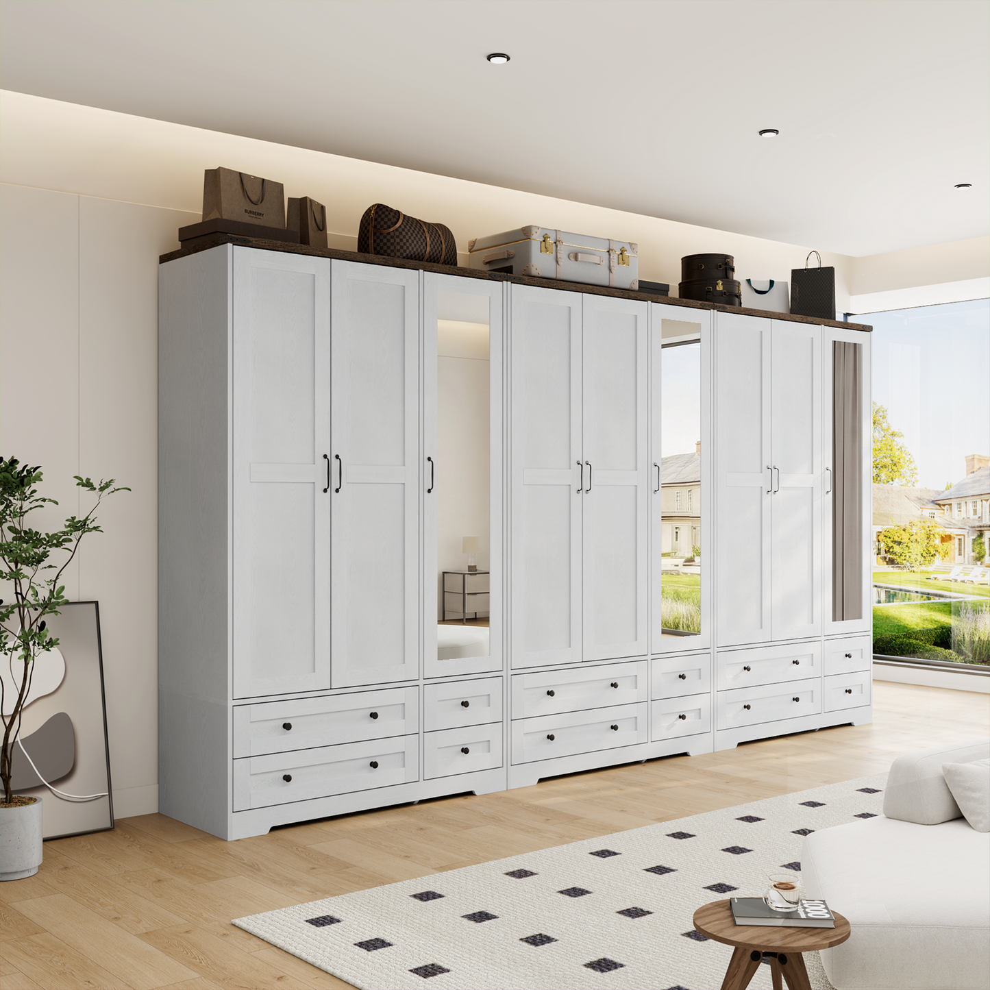 Brafabhome 71"H Wooden Armoire Wardrobe Closet with 4 Drawers, 3 Doors Modern Wardrobe Cabinet with Mirror and Adjustable Shelf for Clothes Coats, White