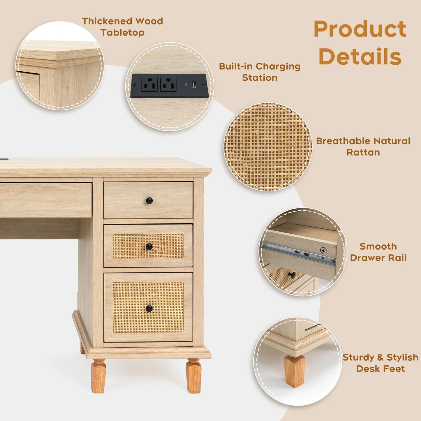 Brafabhome 58"Wood Executive Desk with 7 Storage Drawers Modern Natural Rattan Home Office Computer Desks with Charging Station