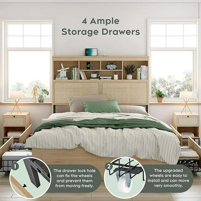 Brafabhome Boho Rattan Queen Beds with Charging Station Headboard, Farmhouse Wood Bed Frames With 10 Storage Drawers for Bedroom Apartment Hotel, No Box Spring Needed