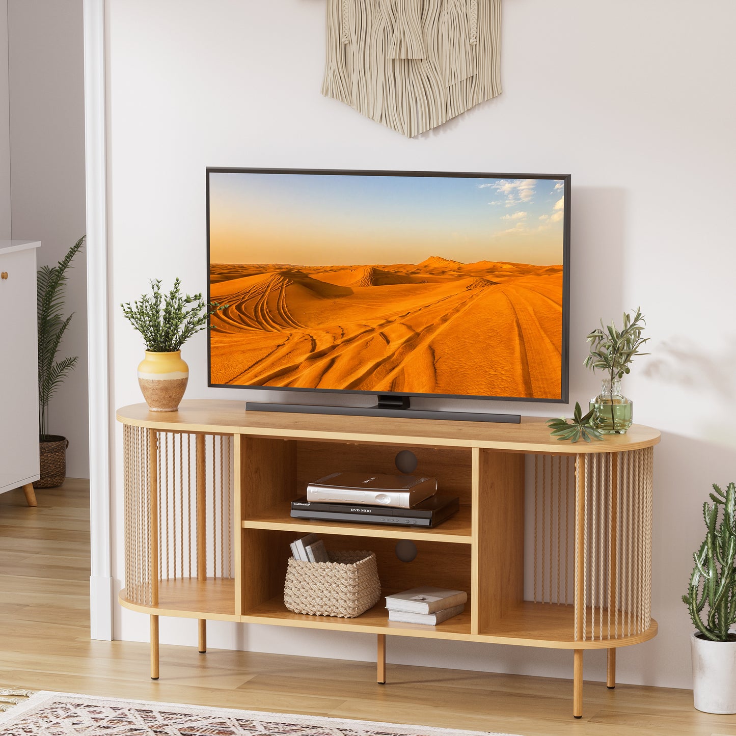 Brafabhome Oval Boho TV Console, Mid-Century Modern, Up to 65", Hand-Woven Ropes, Sturdy Steel Leg