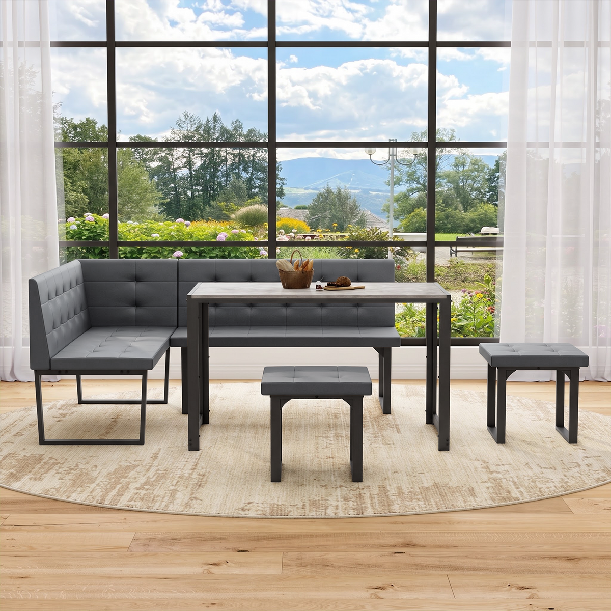 Brafabhome 5 Piece 70 Inch Corner Dining Table Set, Modern L-Shaped Breakfast Nook with Upholstered Banquette, Kitchen Table with Storage for 6, Easy Assembly | Gray