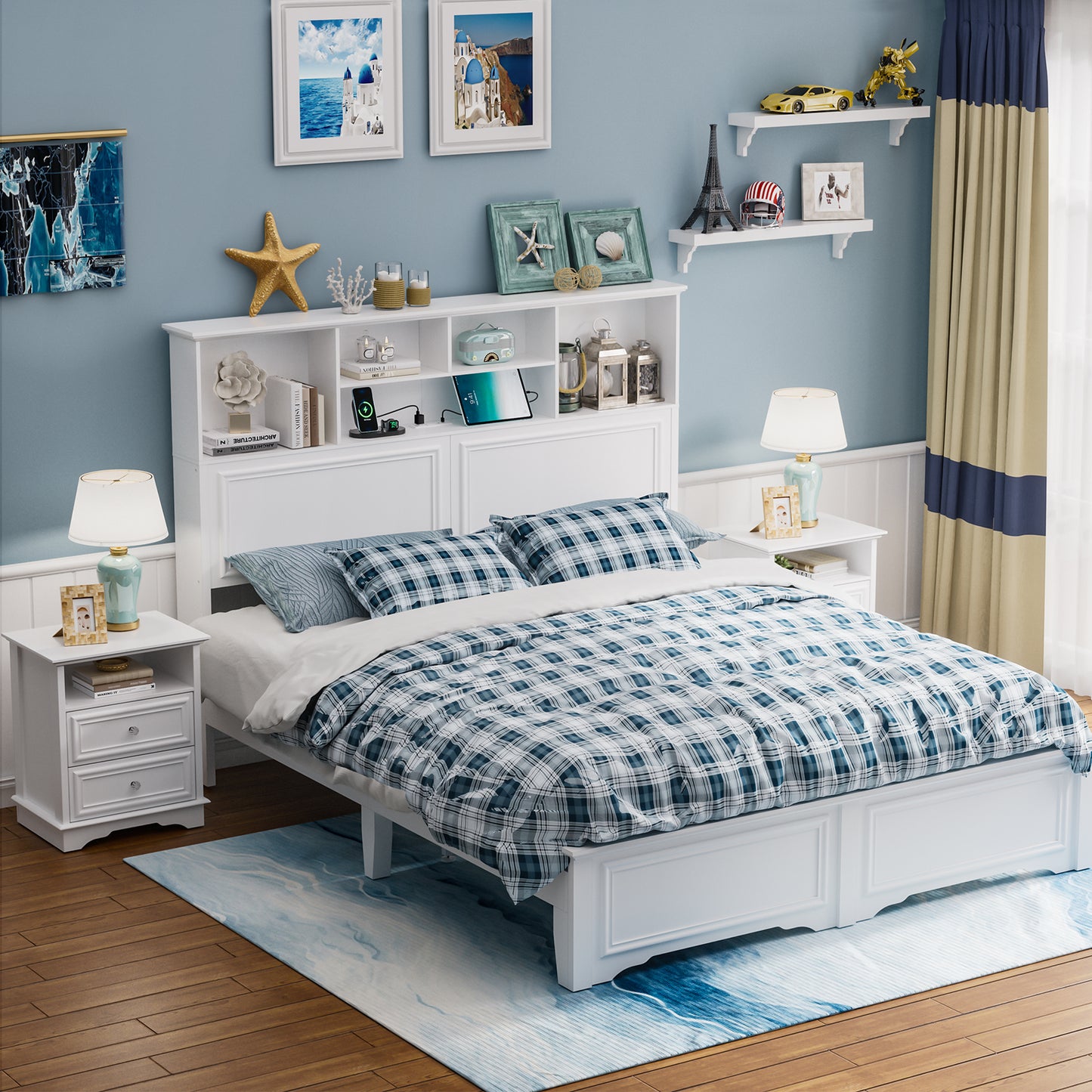 Brafabhome Mid-Century Wood Queen Bed Frame with 4 Storage Drawers, Rustic High Headboard Queen Size Platform Bed Frame for Bedroom Hotel Apartment, No Box Spring Needed