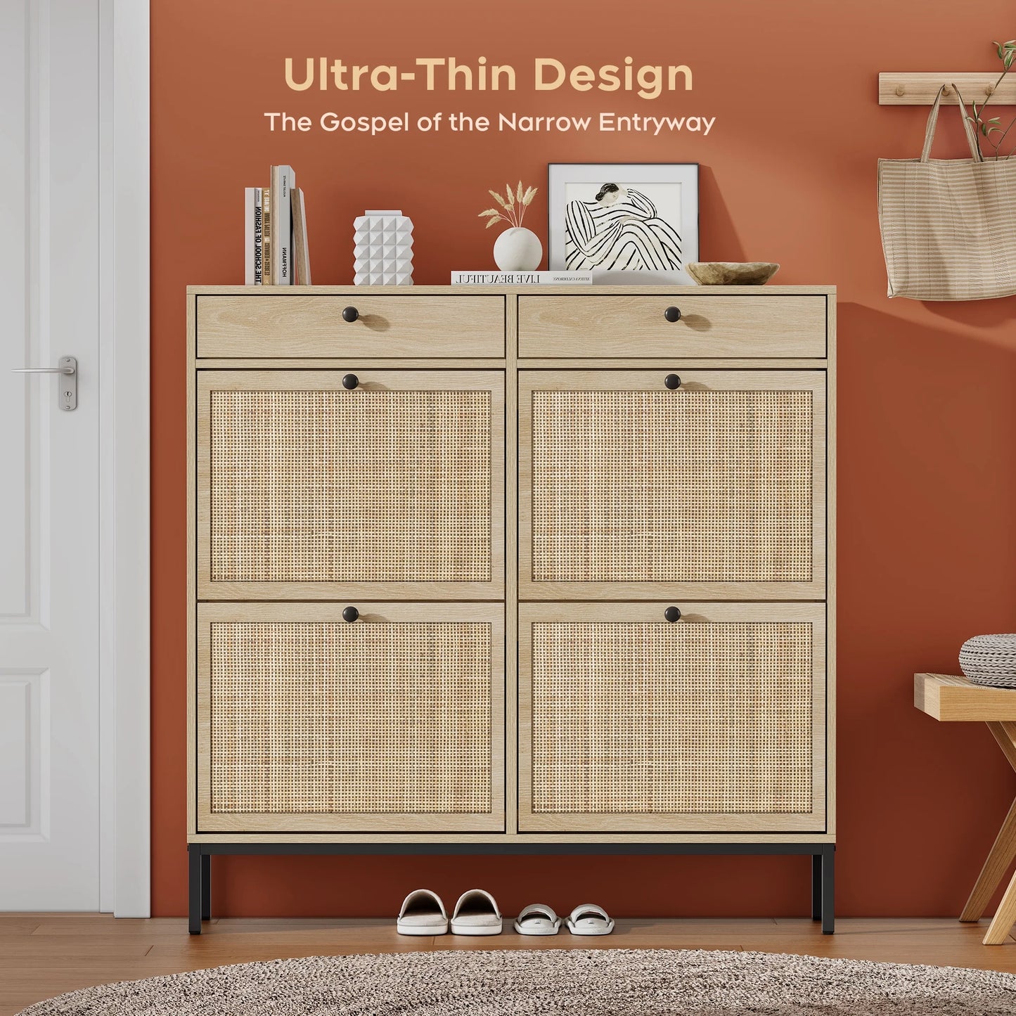 Brafabhome Entryway Wooden Shoe Cabinet with 4 Natural Rattan Doors, 16-Pair Capacity