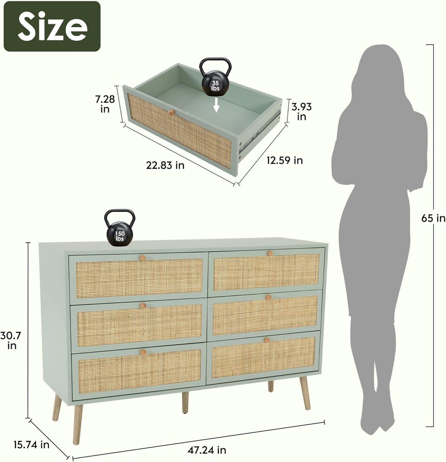 Brafabhome Mid-Century Modern Dresser with Hand-Woven Natural Rattan, Vintage Green Boho 6 Drawer Double Dresser with Wooden Legs