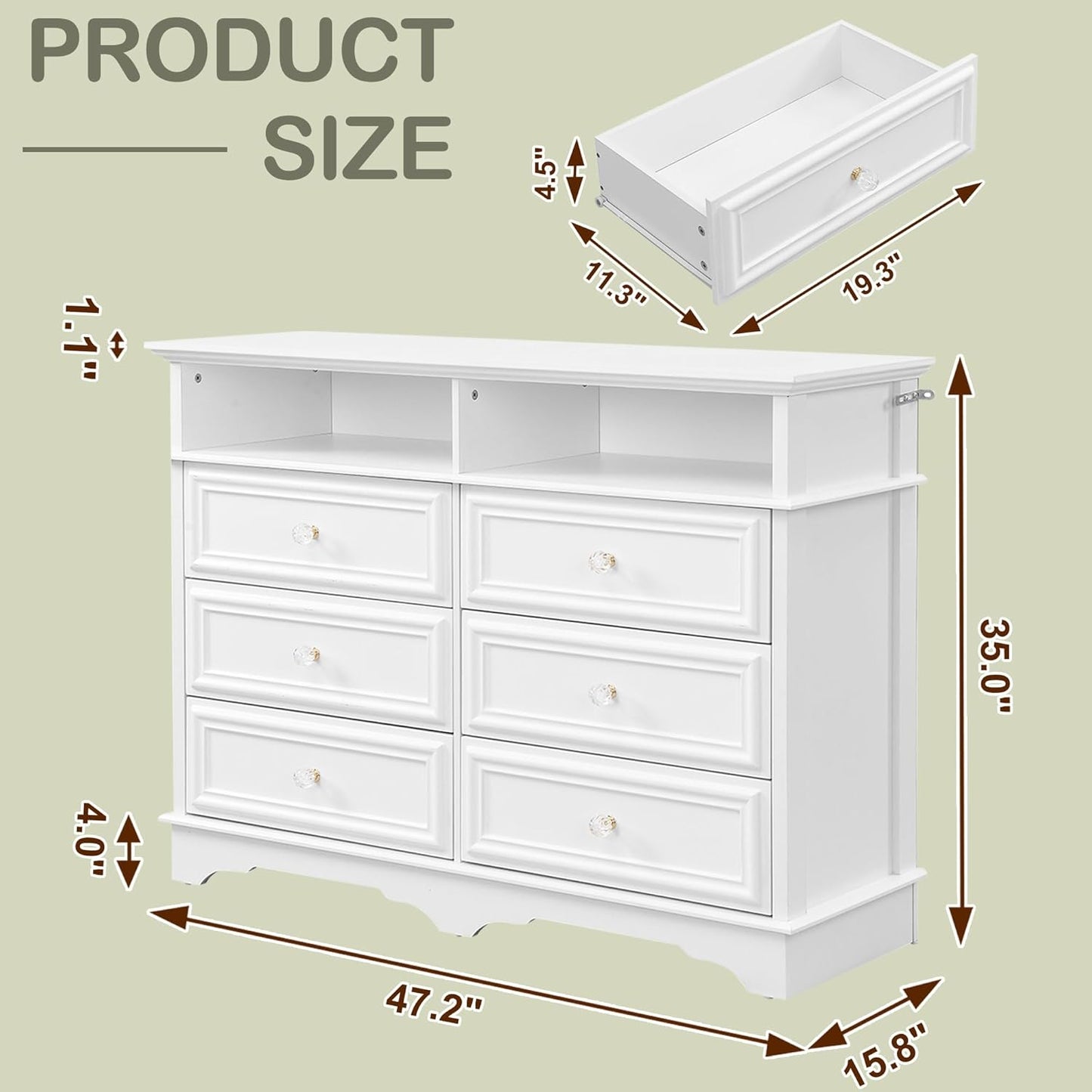 6 Drawer Dresser for Bedroom with Shelves Storage, 47'' Wide Farmhouse Thickened Wood Chest of Drawers, 35'' Tall Mid Century Modern Dressers Organizer for Living Room, Closet, Hallway