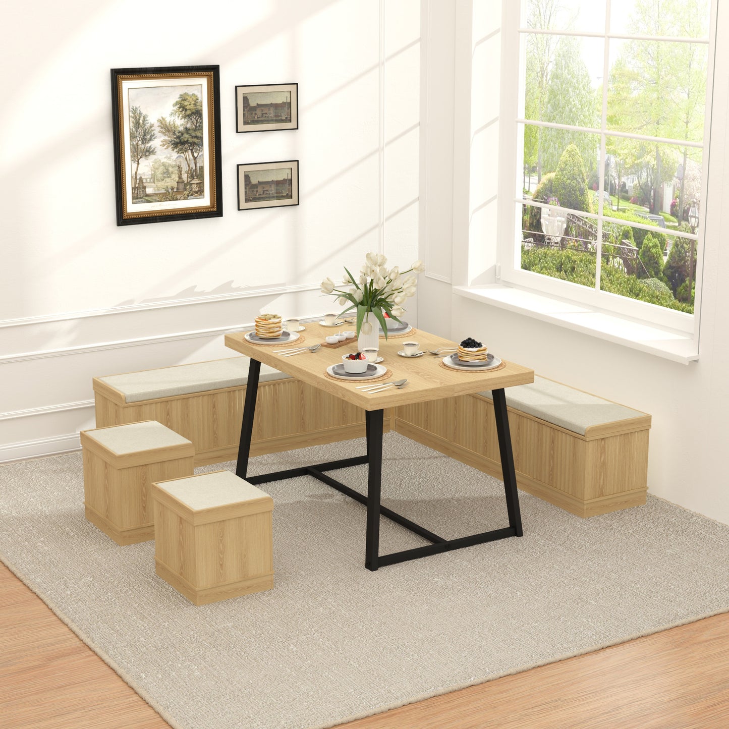 Brafabhome 6 PCS Dining Table Set with Storage Bench, Modern Corner Breakfast Nook with Cushions Stool for 6, Suitable for Kitchen and Dining Room