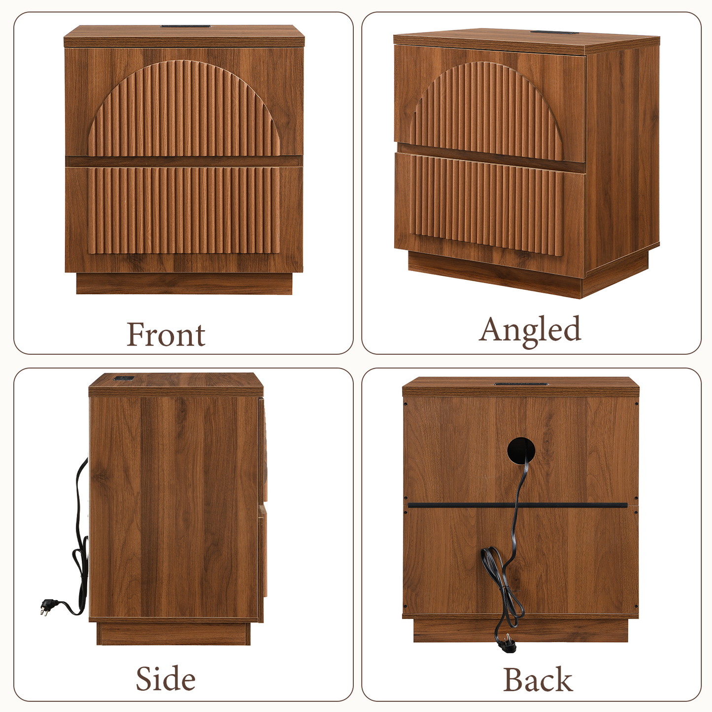 Brafabhome Wood Nightstands with Charging Station, Arched Reeded Night Stand with 2 Drawers, Modern Bedside Tables for Bedroom Living Room